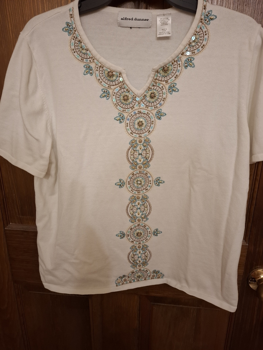 Alfred Dunner White Short Sleeve top with Turquoise & Gold Embroidery